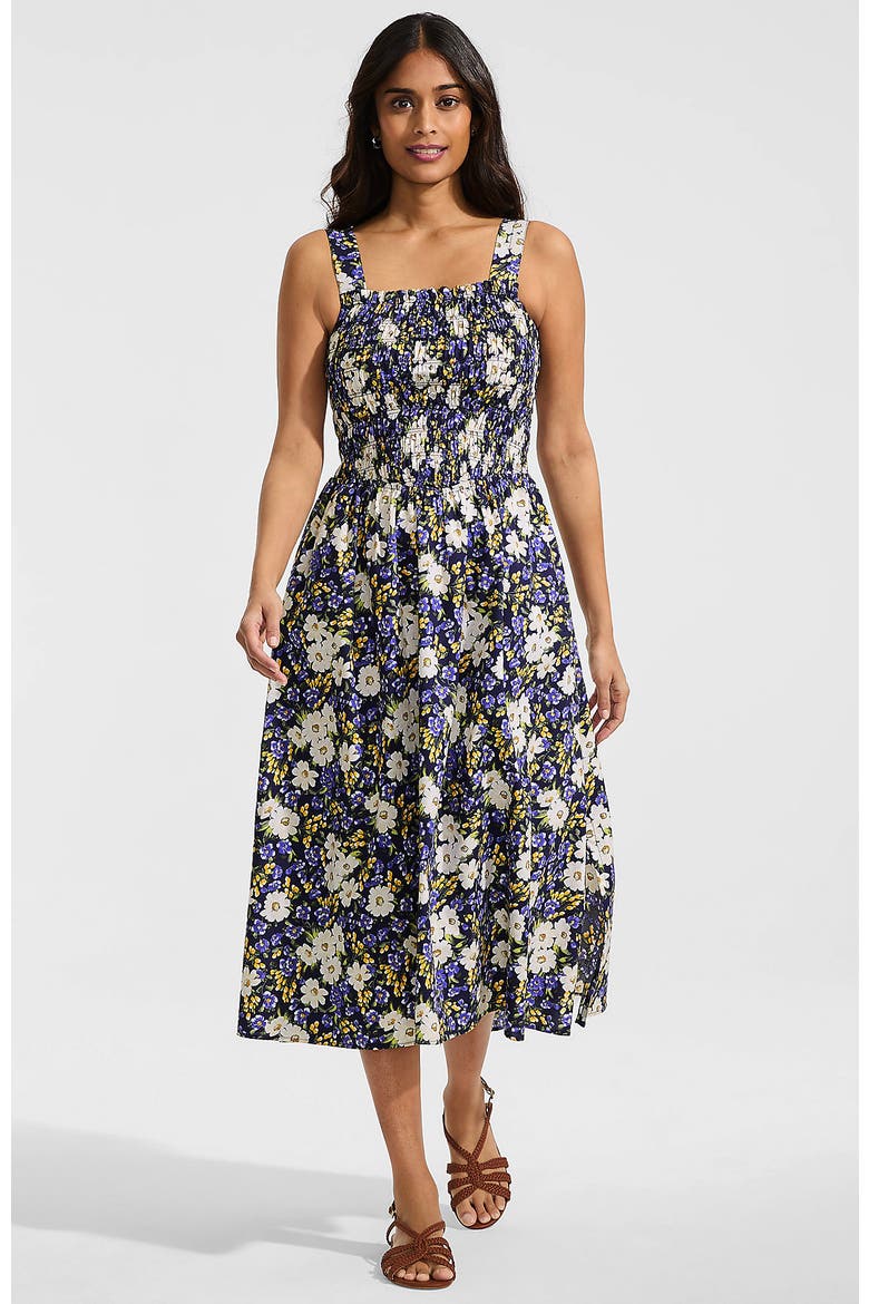 Poplin Smocked Bodice Midi Dress, Main, color, Deep Sea Spring Floral