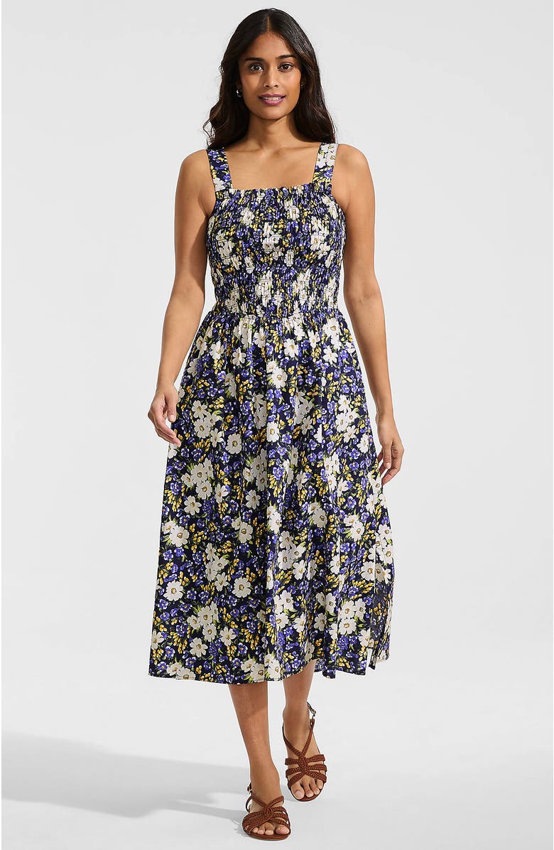 Lands' End Poplin Smocked Bodice Midi Dress, Main, color, Deep Sea Spring Floral