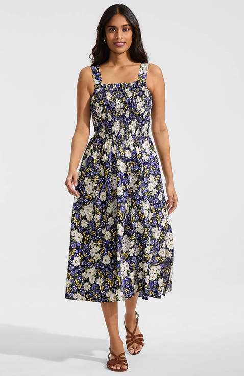 Poplin Smocked Bodice Midi Dress