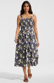 Lands' End Poplin Smocked Bodice Midi Dress