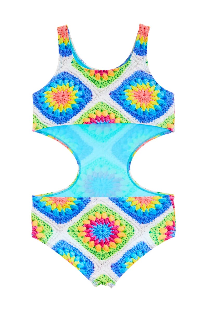 Limeapple Crochet Printed Cutout One Piece Swimsuit, Alternate, color, Multicolor