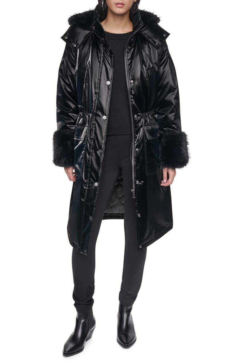 Faux Fur Cuff Nylon Velvet Puffer Coat, Alternate, color, BLACK