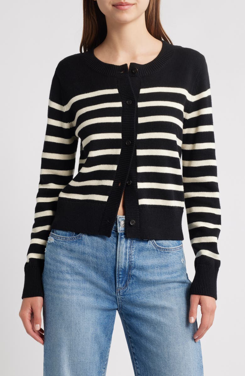 Rails Norah Cotton & Cashmere Blend Cardigan, Main, color, Black Ivory Stripe