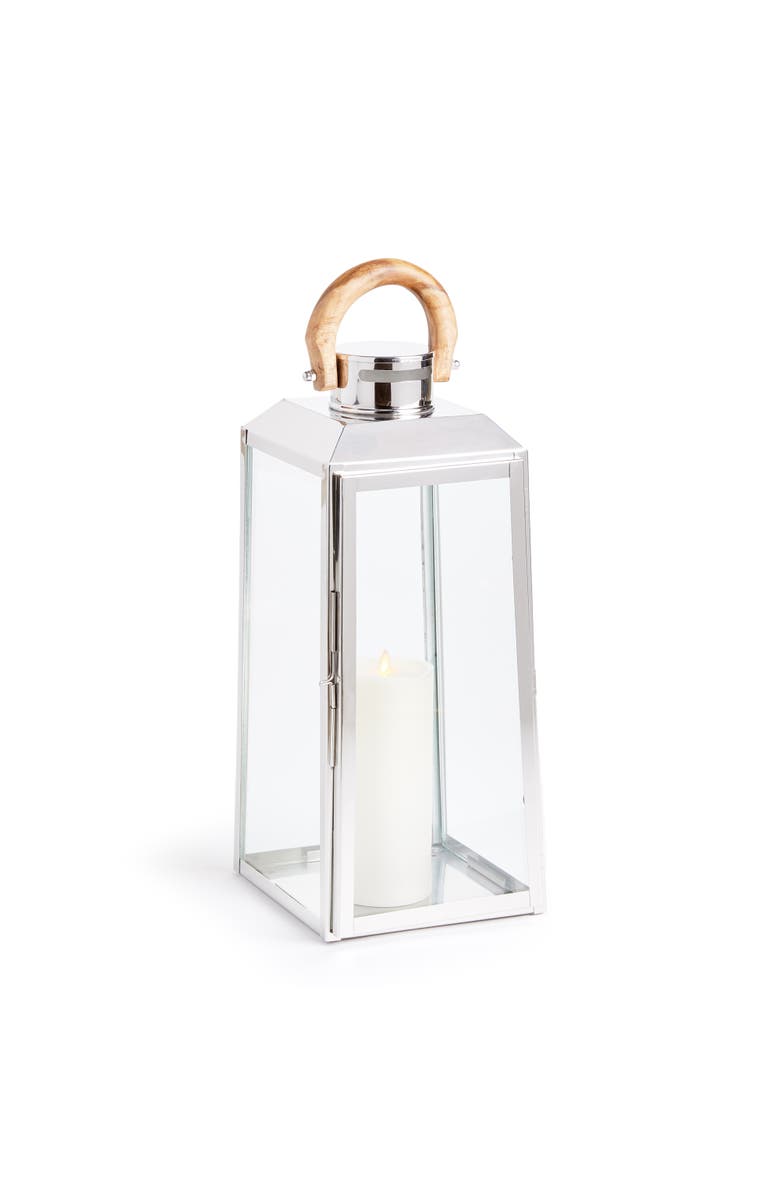 Napa Home & Garden 19" Oceanside Large Decorative Outdoor Chrome Finish Pillar Candle Lantern w/ Teakwood Handle, Main, color,