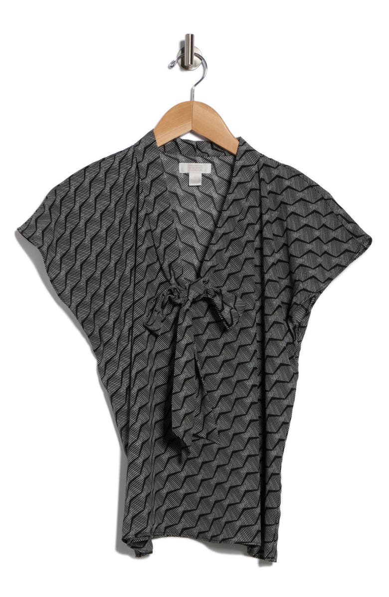 NORDSTROM RACK Tie Neck Flutter Sleeve Top, Alternate, color, Black- Ivory Rake Geometric