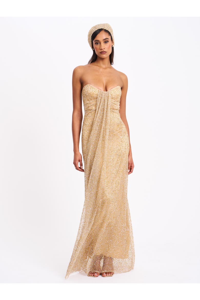 Ada Rhinestone Embellished Strapless Gown with Head Scarf, Alternate, color, YELLOW