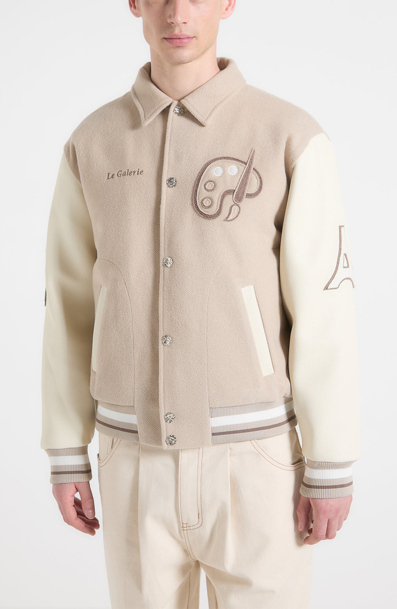 Manière De Voir Le Galerie Wool-Blend Varsity Jacket, Alternate, color, Beige