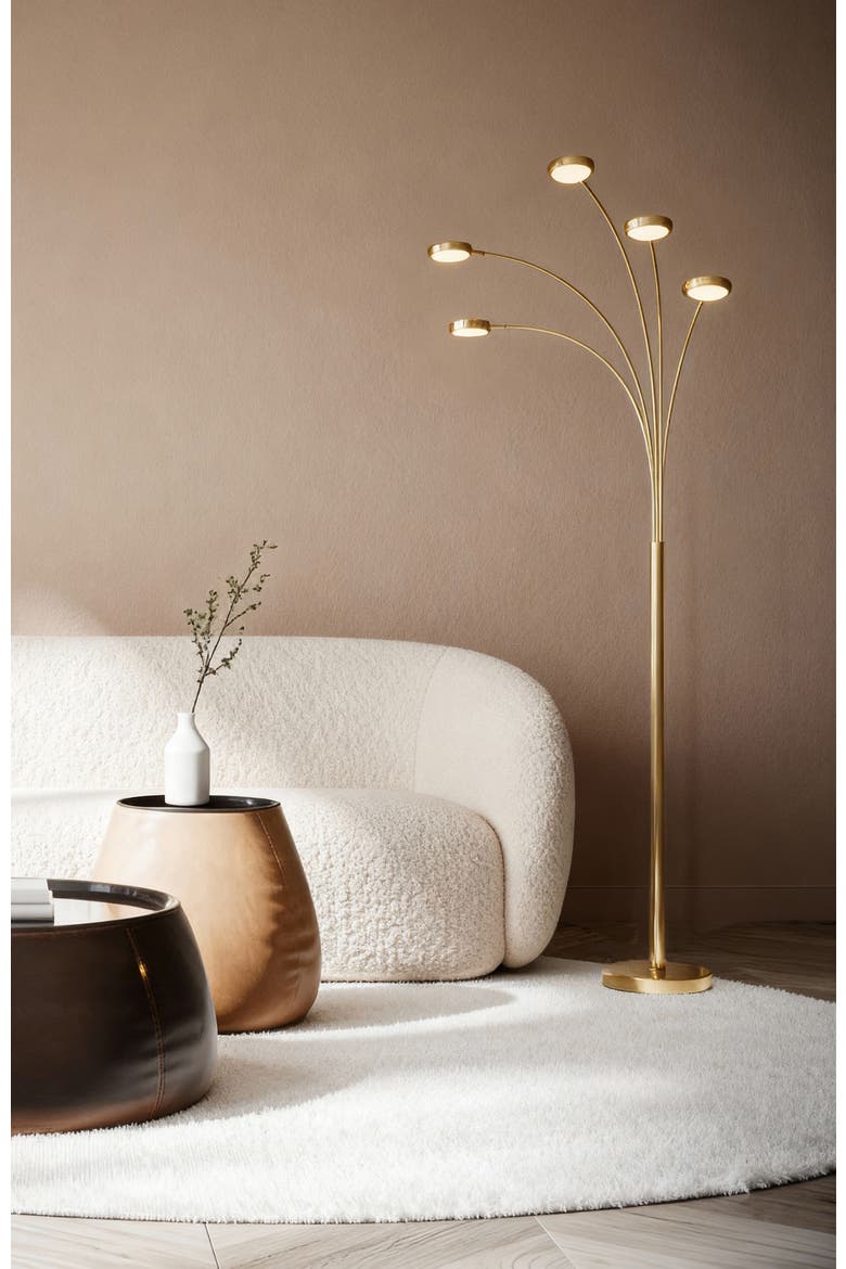 Orion 74" Gold Brass LED Tree Arc Floor Lamp with 5 Adjustable Arms, Alternate, color, Brass