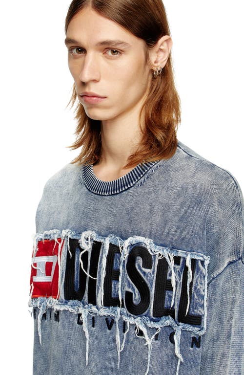 Diesel Distressed Crewneck Sweater With Ribbed Cuffs In Blue