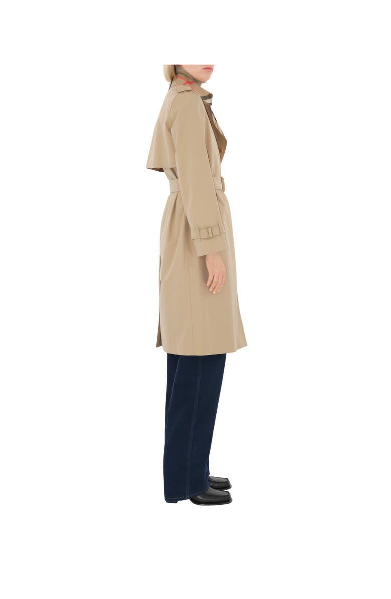 Burberry Long Check Collar Gabardine Trench Coat, Alternate, color, Honey