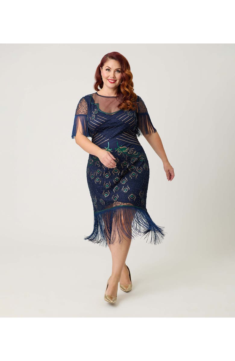 Unique Vintage Plus Size Beaded Nadine Fringe Flapper Dress, Alternate, color, Blue & Green Peacock Beaded
