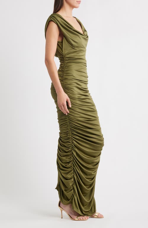 Black Halo Evangeline Ruched Satin Gown In Green
