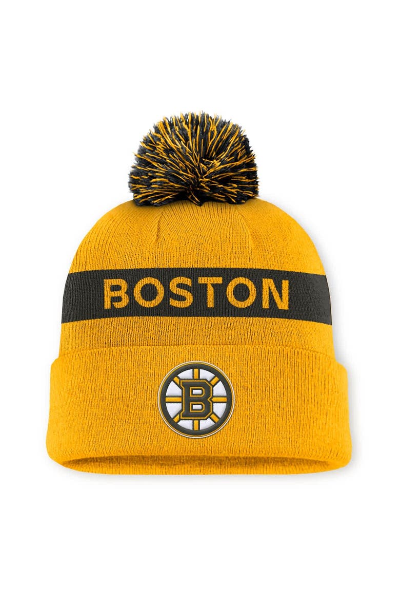 Women's Fanatics Gold/Black Boston Bruins Authentic Pro Rink Cuffed Knit Hat with Pom, Main, color, Gold