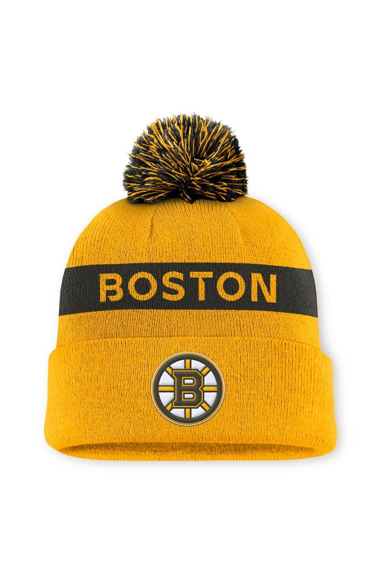 FANATICS Women's Fanatics Gold/Black Boston Bruins Authentic Pro Rink Cuffed Knit Hat with Pom, Main, color, Gold