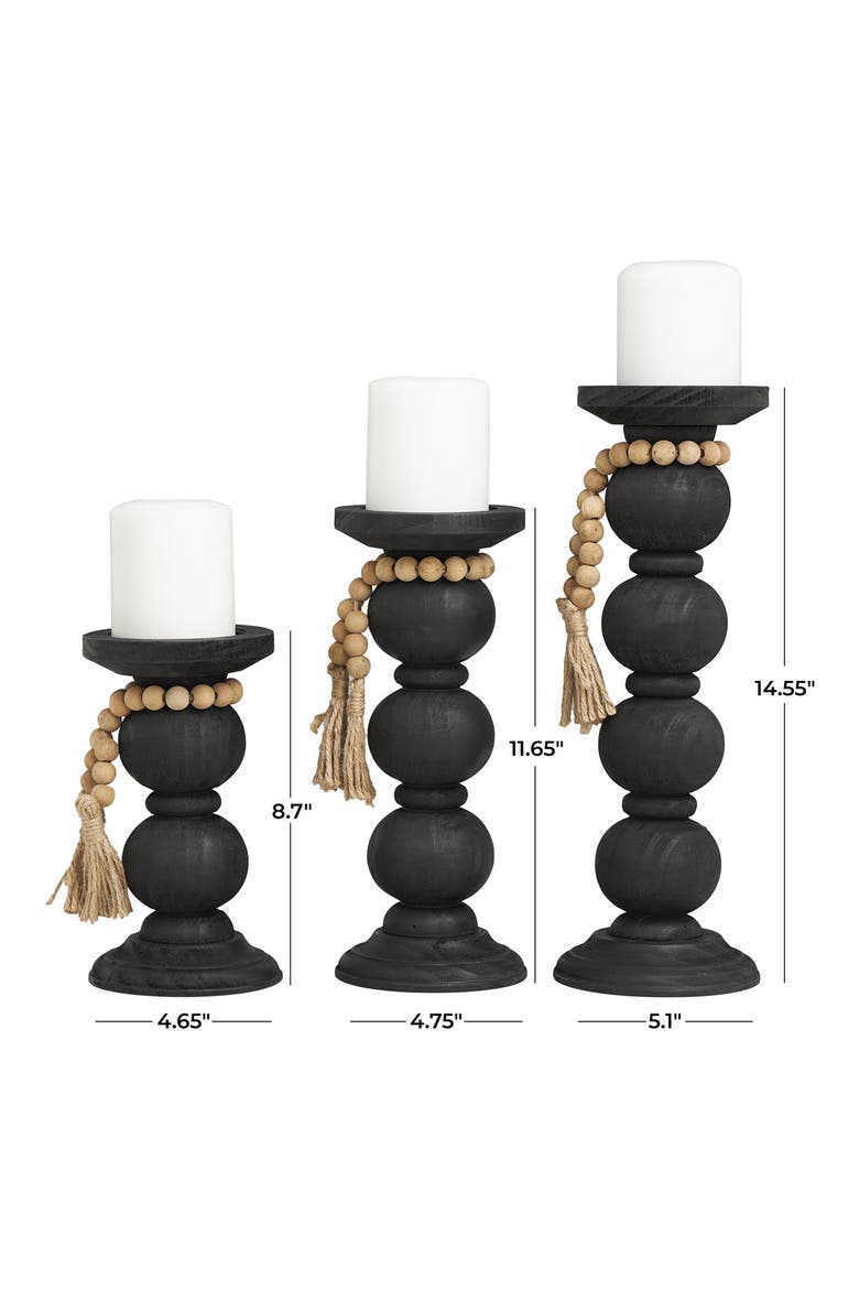 Set of 3 Wood Pillar Candle Holders, Alternate, color, BLACK