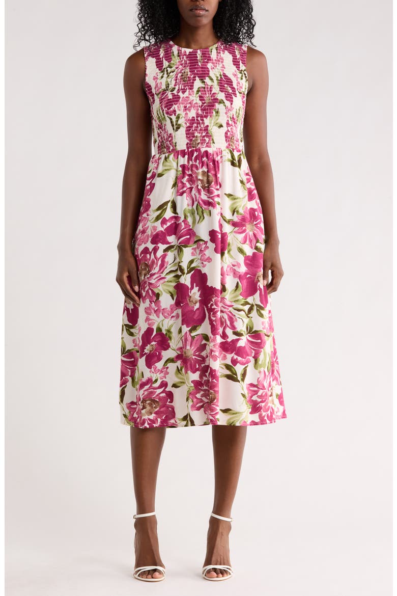 Smocked Sleeveless Midi Dress, Main, color, ROSEWOOD MULTI