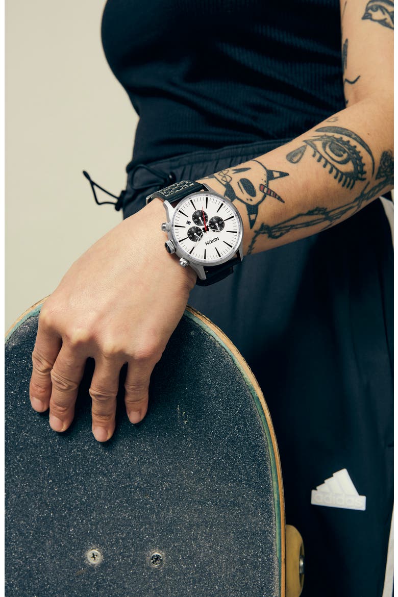 Sentry Chronograph Leather Strap Watch, 42mm, Alternate, color, CHROME / CLOUD SUNRAY / BLACK