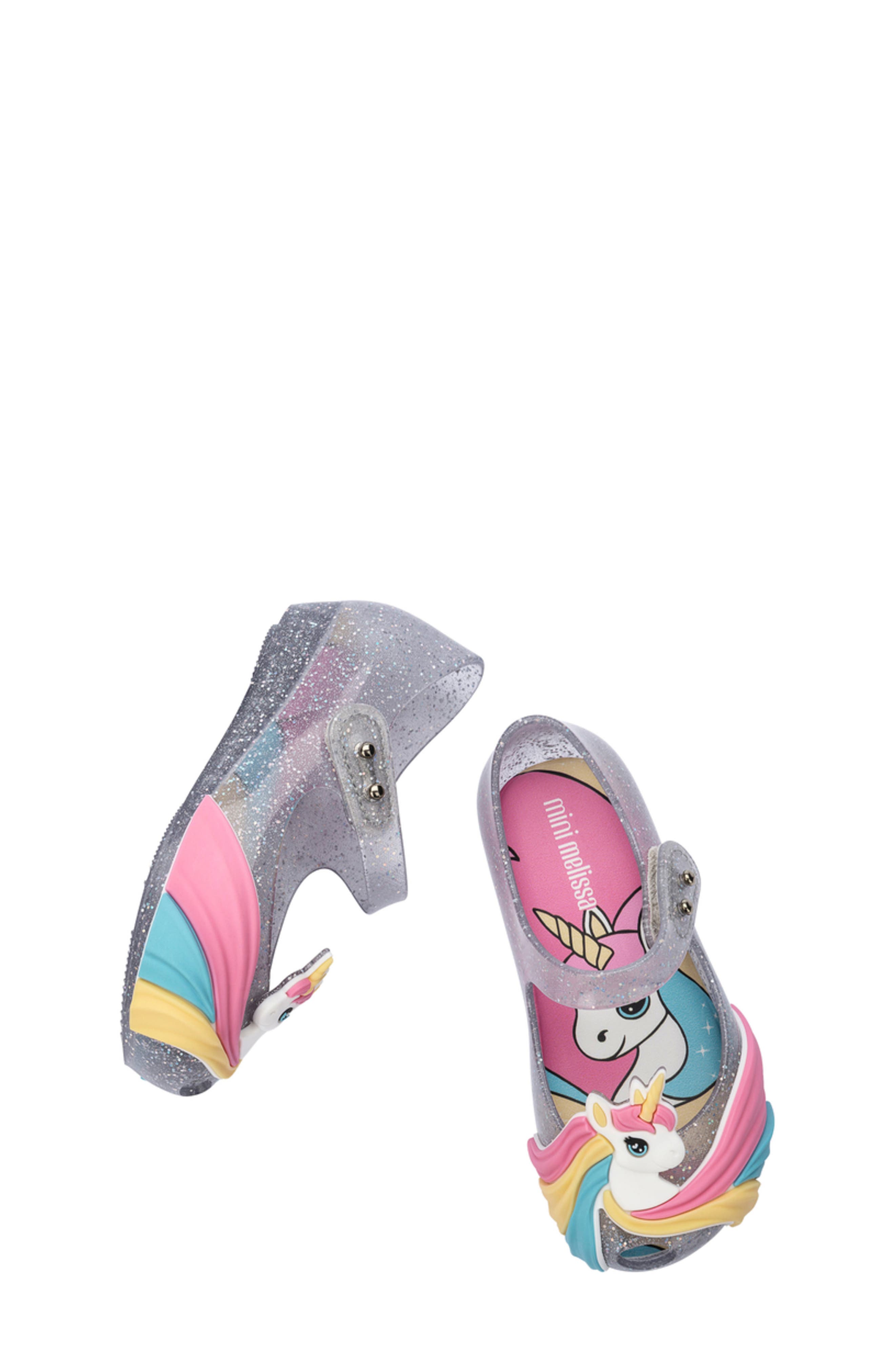 Mini Melissa Kids' Ultragirl Mini Mary Jane Flat, Alternate, color, Glitter Clear/ Pink