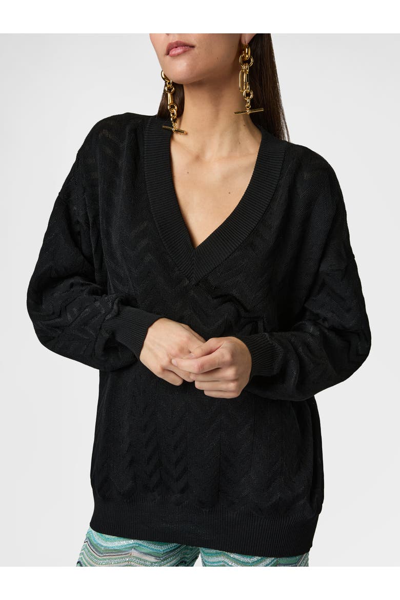 V-neck Pullover In Cotton And Viscose Chevron, Alternate, color, Black
