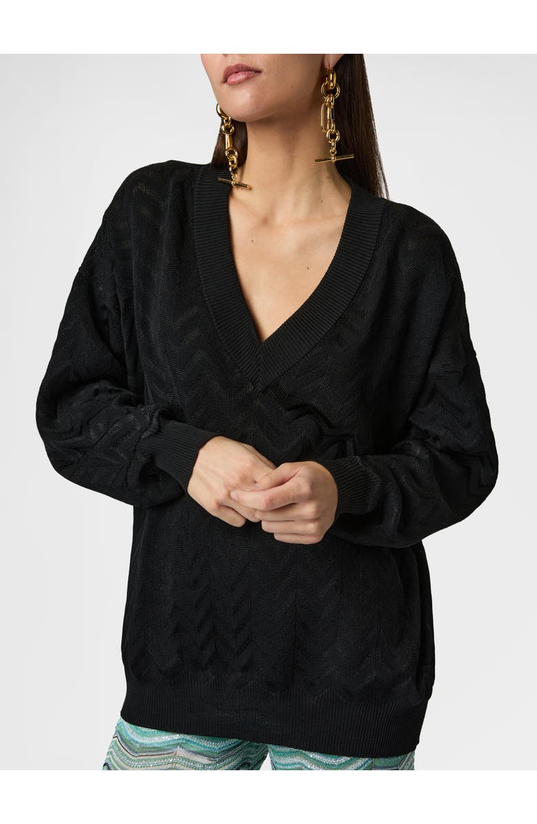 Missoni V-neck Pullover In Cotton And Viscose Chevron, Alternate, color, Black