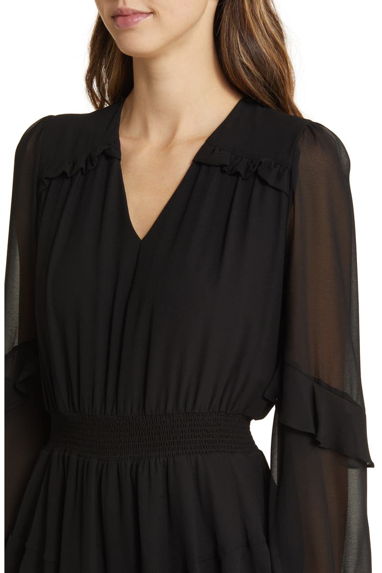 Tiered Long Sleeve Georgette Minidress, Alternate, color, BLACK