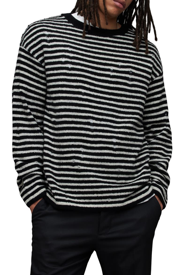 Park Stripe Destructed Wool Blend Crewneck Sweater, Main, color, BLACK/ GREY MARL