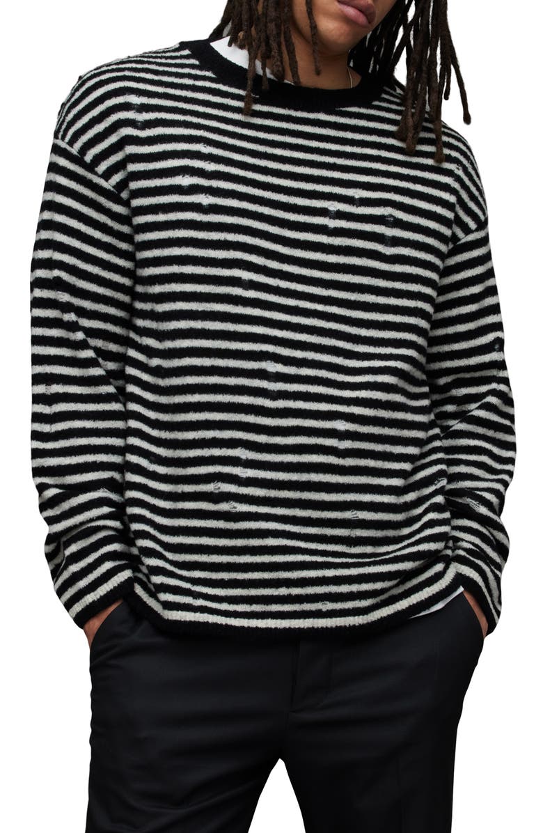 AllSaints Park Stripe Destructed Wool Blend Crewneck Sweater, Main, color,