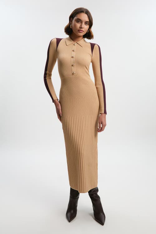Karen Millen Rib Knit Colour Block Midi Dress In Brown