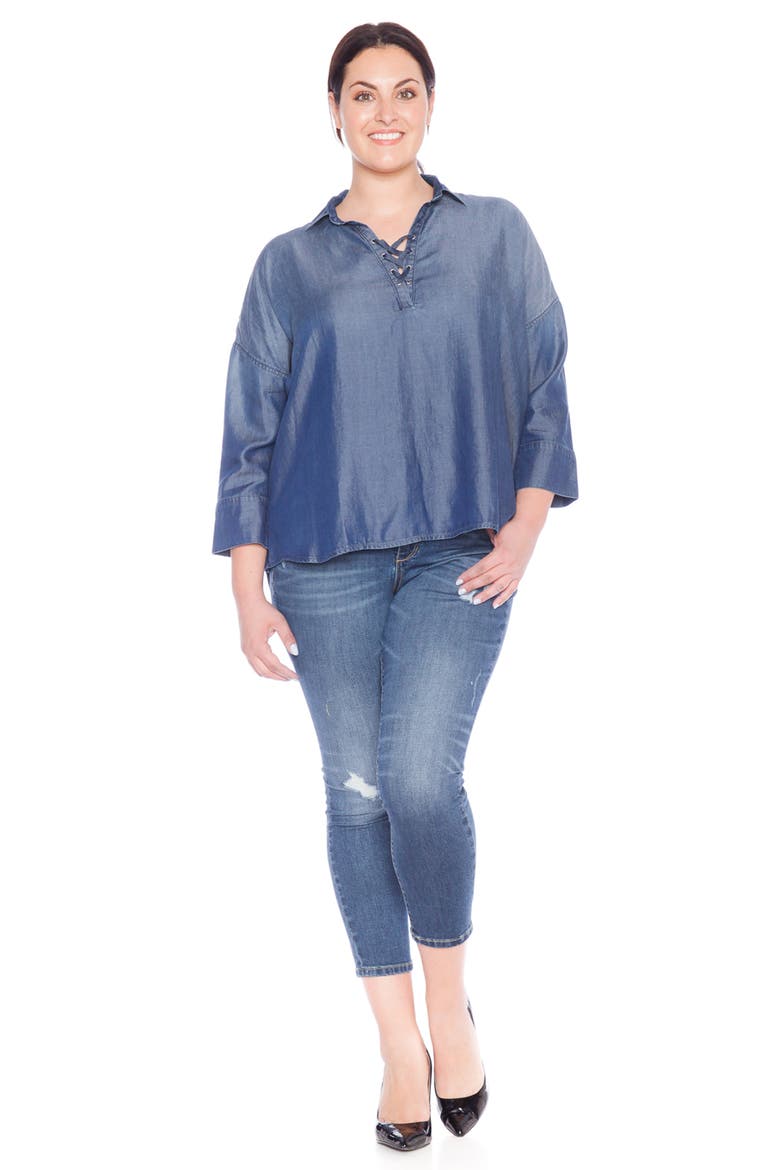 Jeans Lace-Up Top, Alternate, color, MIDNIGHT