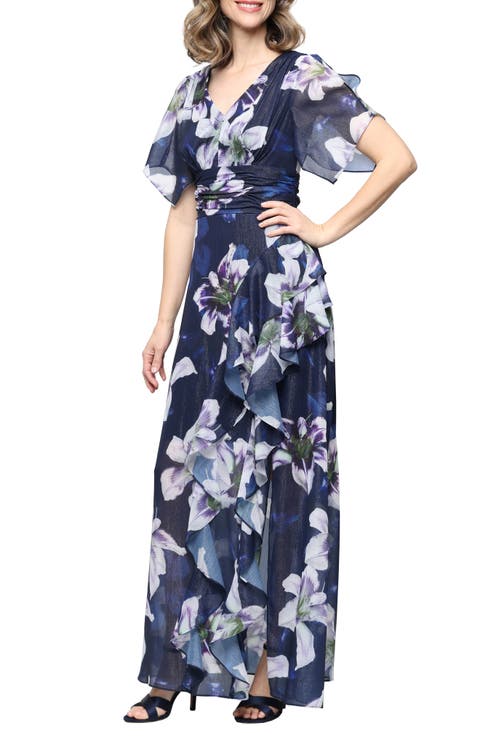 Metallic Floral Print Chiffon Dress