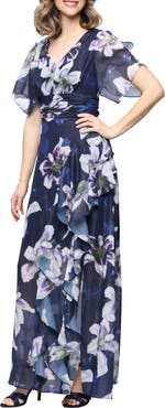 SL FASHIONS Metallic Floral Print Chiffon Dress