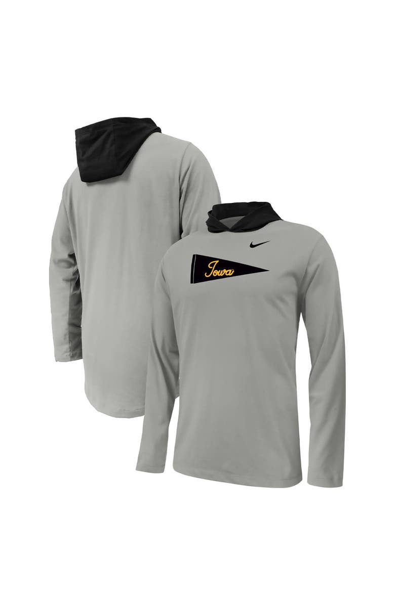 Nike Youth Nike Gray Iowa Hawkeyes Sideline Performance Long Sleeve Hoodie T-Shirt, Main, color,