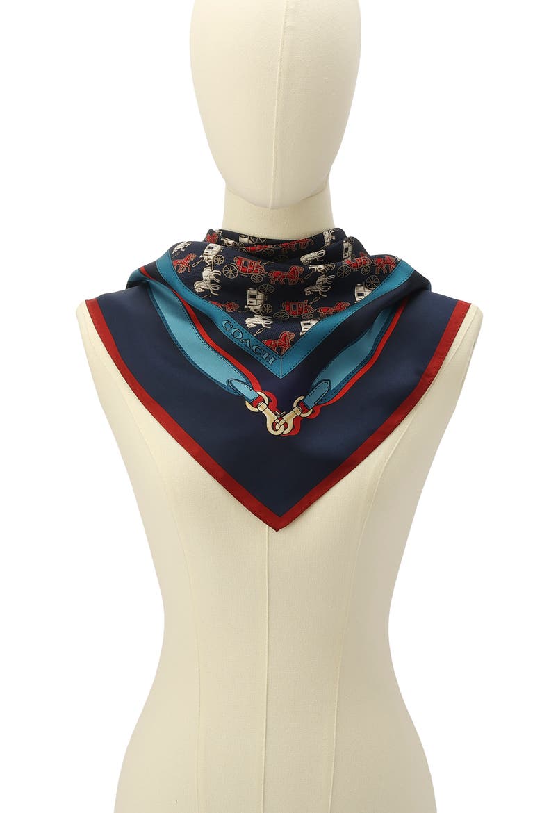 Horse & Carriage Print Silk Square Scarf, Alternate, color, NAVY