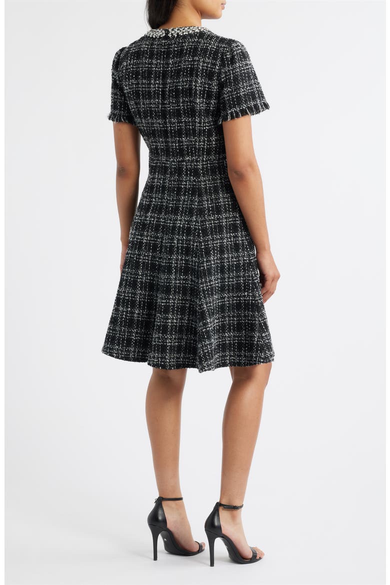 Rhinestone Trim Fit & Flare Tweed Dress, Alternate, color, BLACK