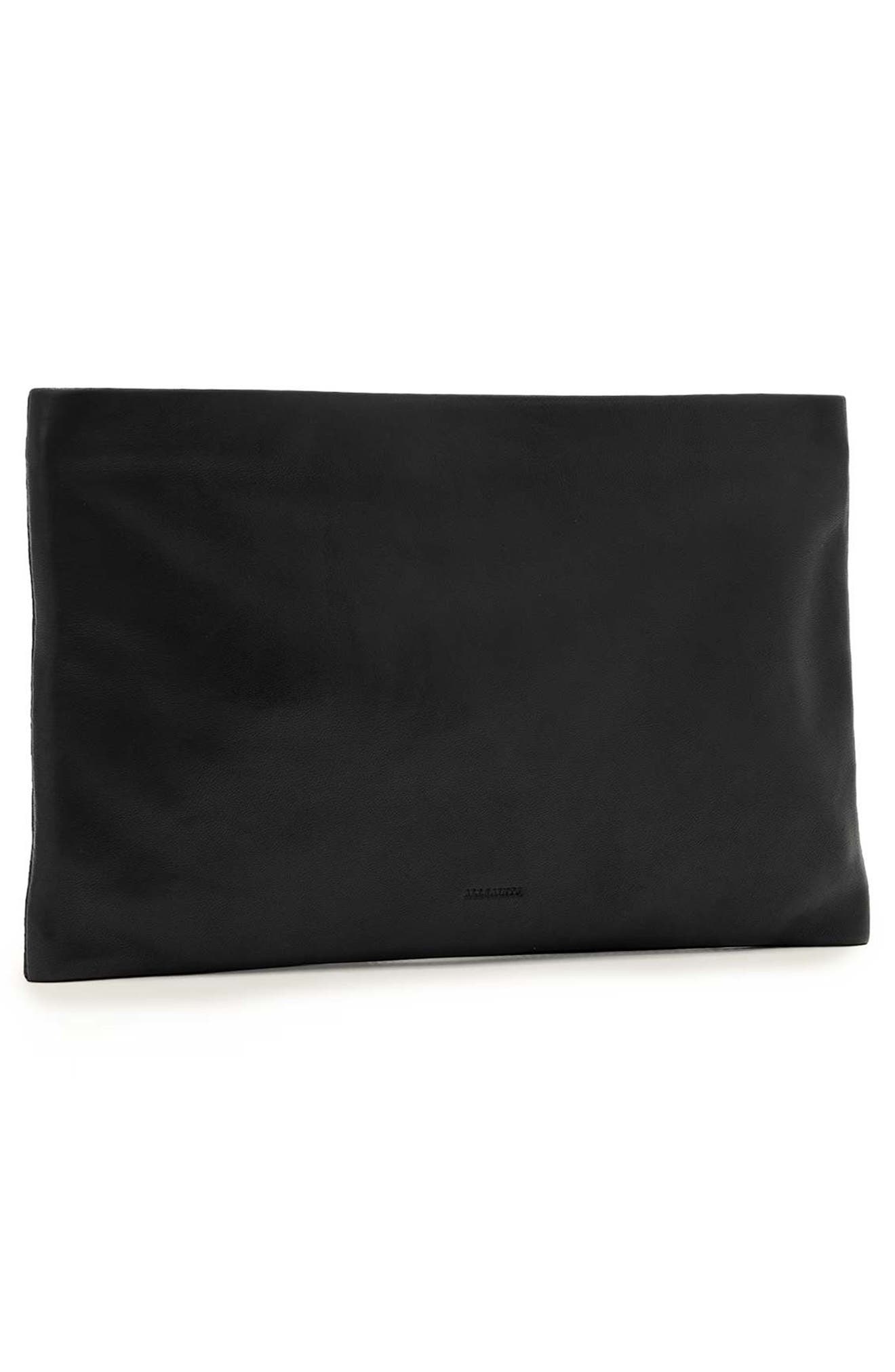 AllSaints Bettina Leather Clutch, Alternate, color, Black