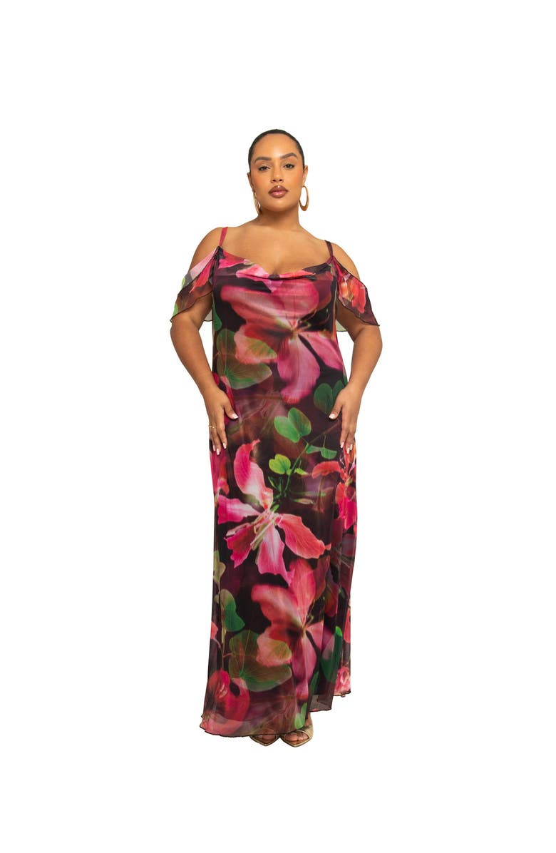 FASHION-SZN CURVE Mesh Off The Shoulder Printed Maxi Dress, Alternate, color, 