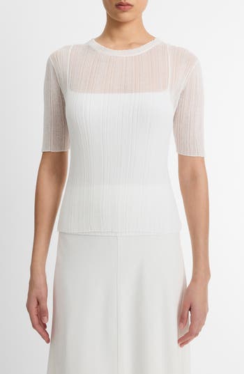 Vince Double Layer Rib Elbow Sleeve Pullover Optic White In White