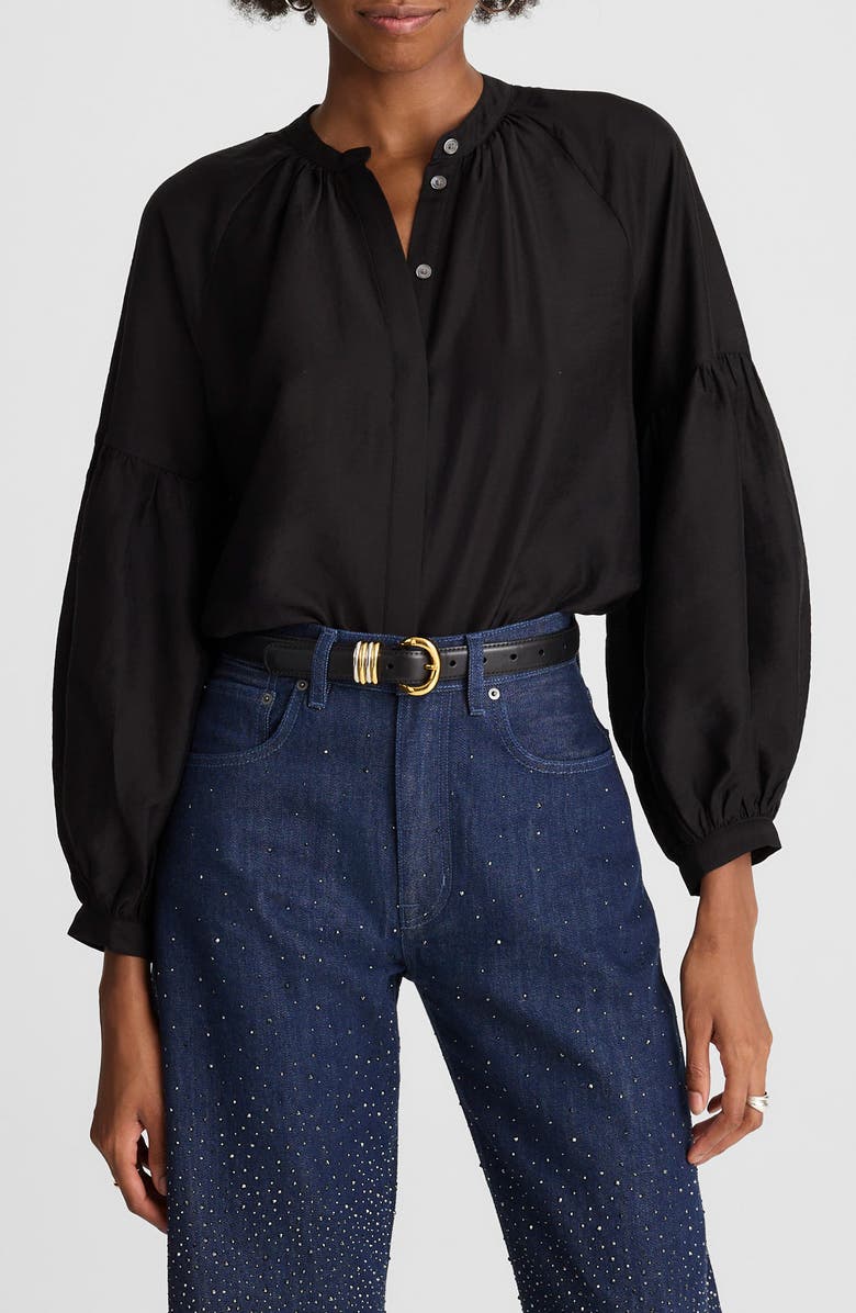 Madewell Shirred Balloon Sleeve Button-Up Top, Main, color, Jet Black