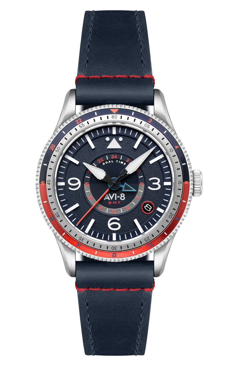 AVI-8 Flyboy Airmaster GMT Leather Strap Watch, 40mm, Main, color, Blue