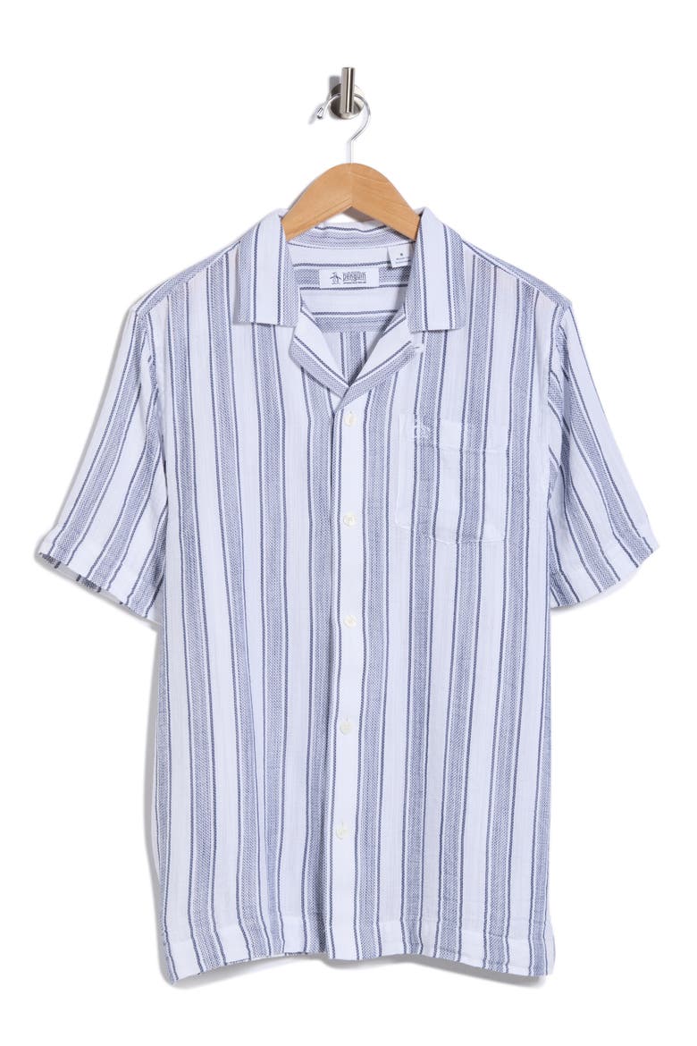 Textured Cotton Blend Camp Shirt, Alternate, color, BRIGHT WHITE STRIPE