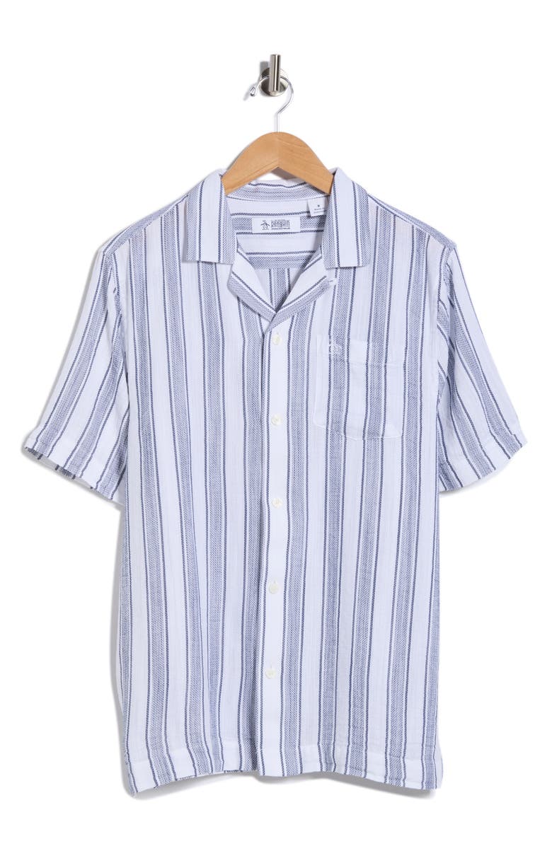 Original Penguin Textured Cotton Blend Camp Shirt, Main, color, Bright White Stripe