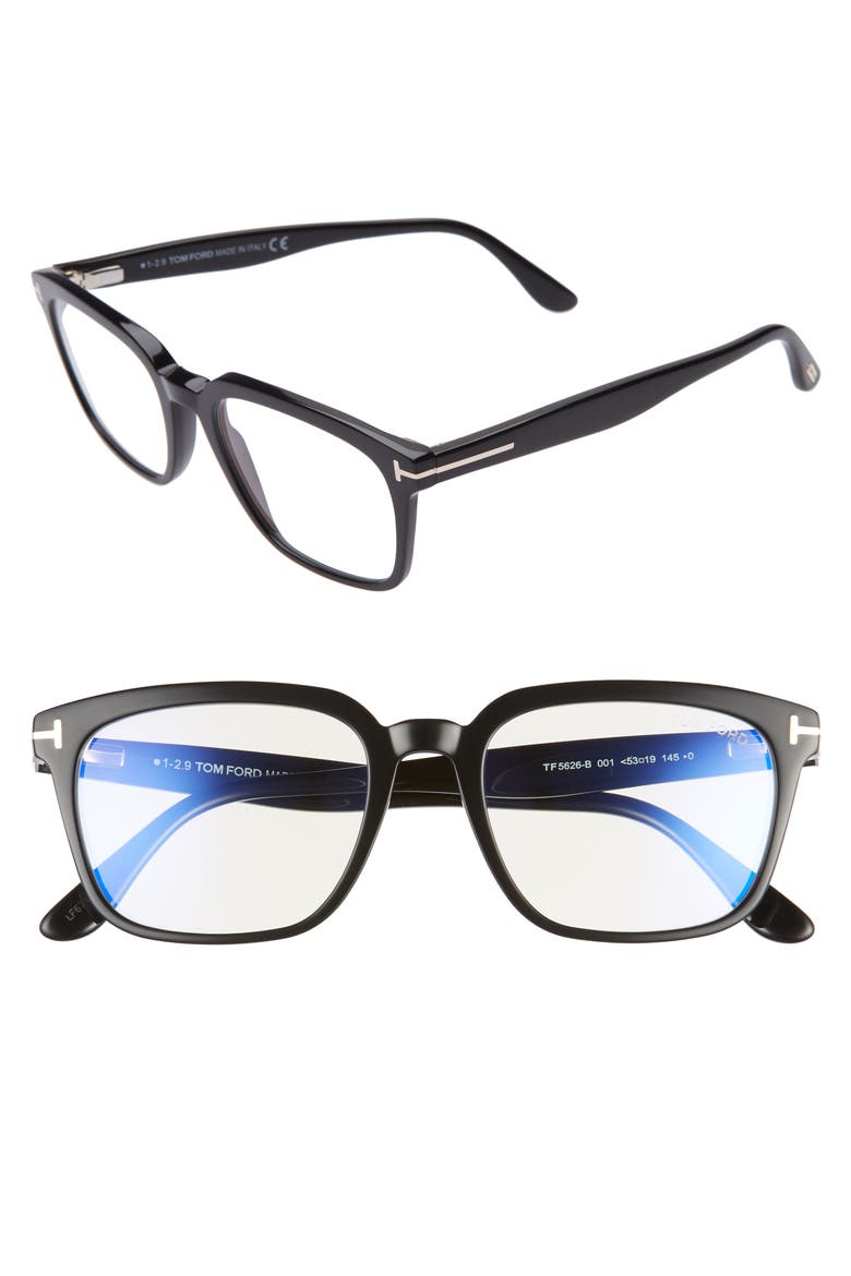 53mm Blue Light Blocking Square Optical Glasses, Main, color, SHINY BLACK
