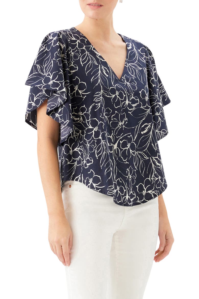 Flutter Sleeve V-Neck Cotton Top, Alternate, color, PRINT