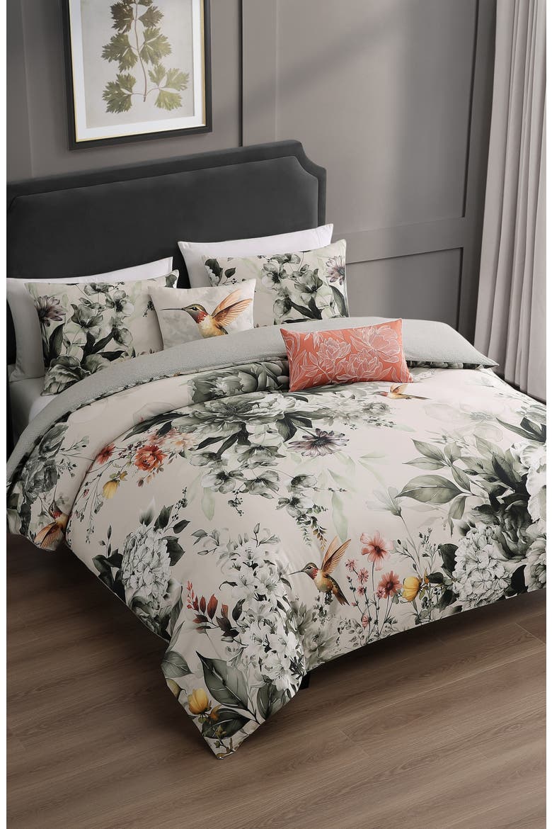 Hummingbird Bloom Reversible Cotton Sateen Comforter Set, Main, color, GREY