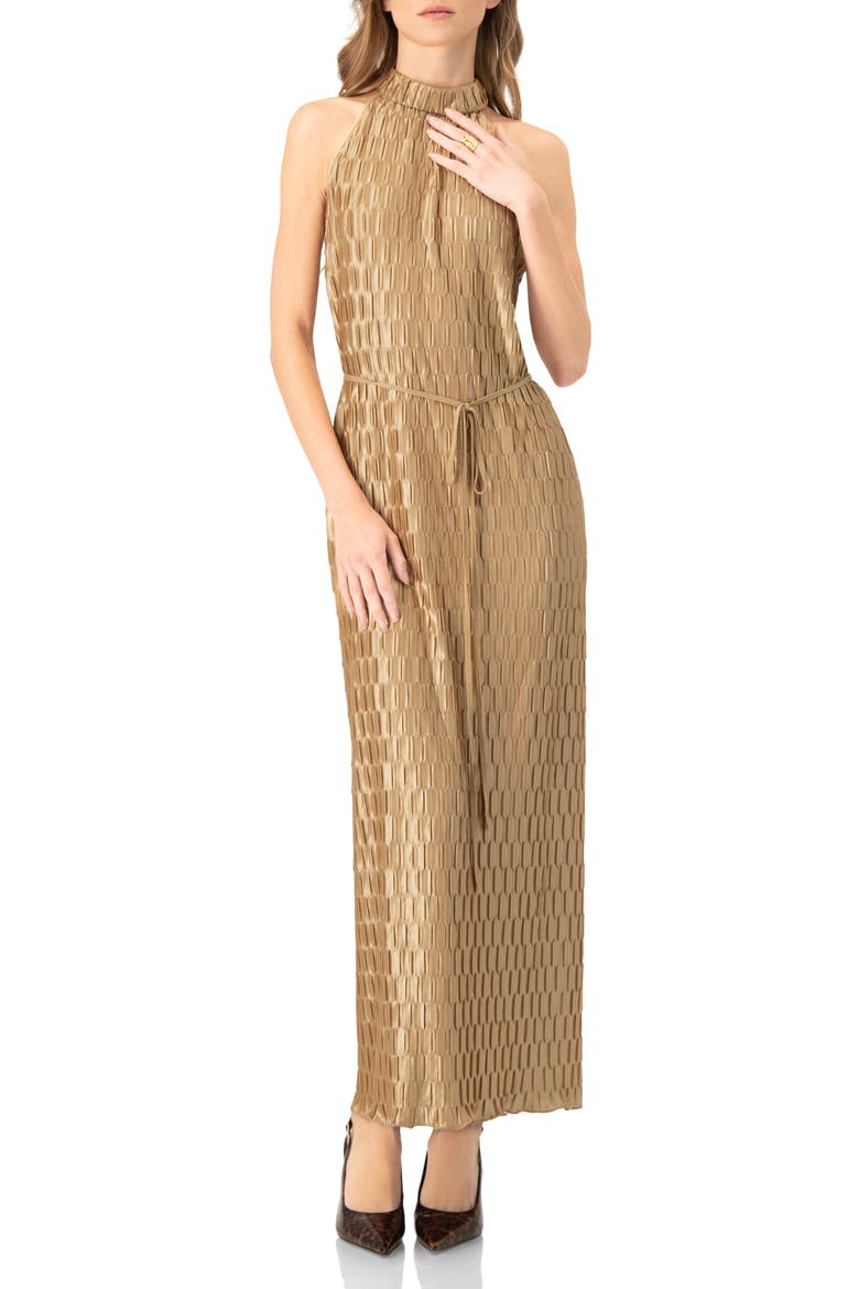 Pleated  Halter-Neck Long Dress, Alternate, color, Light Brown