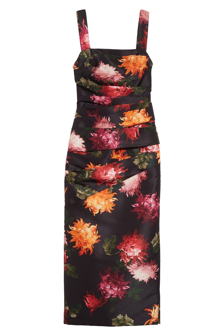 Chrysanthemum Print Pleated Faille Midi Dress, Alternate, color, BLACK MULTI