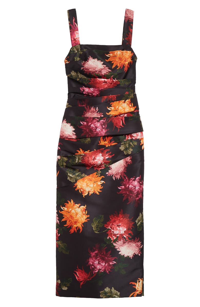 Carolina Herrera Chrysanthemum Print Pleated Faille Midi Dress, Alternate, color, Black Multi