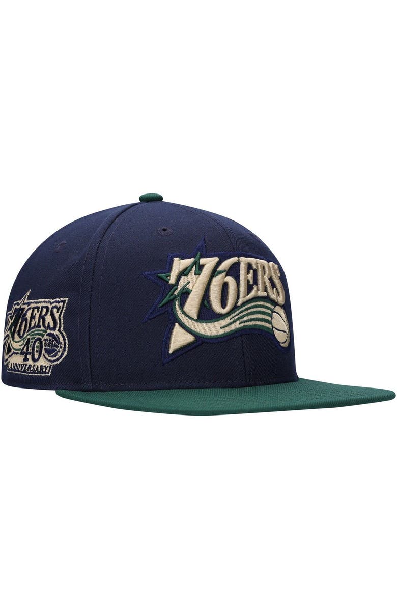 Mitchell & Ness Men's Mitchell & Ness Navy/Green Philadelphia 76ers Hardwood Classics Grassland Fitted Hat, Main, color, 