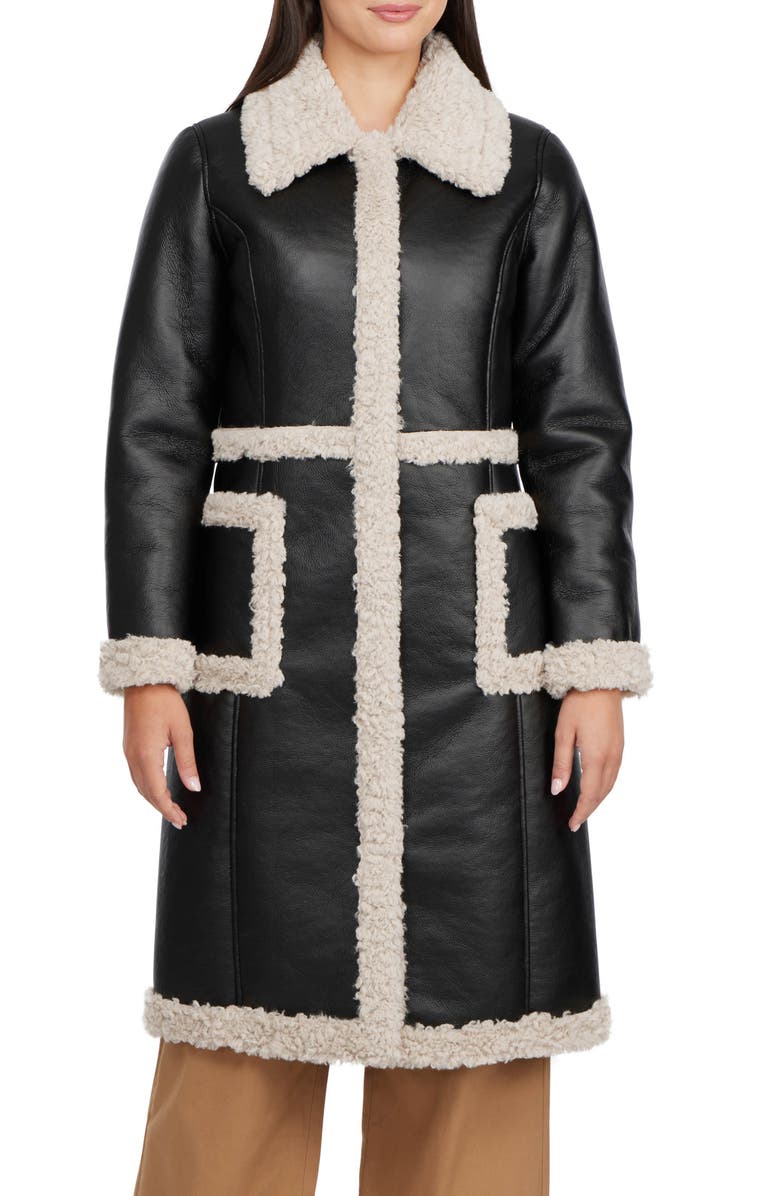 Badgley Mischka Collection Faux Leather Coat with Faux Shearling Trim, Main, color,