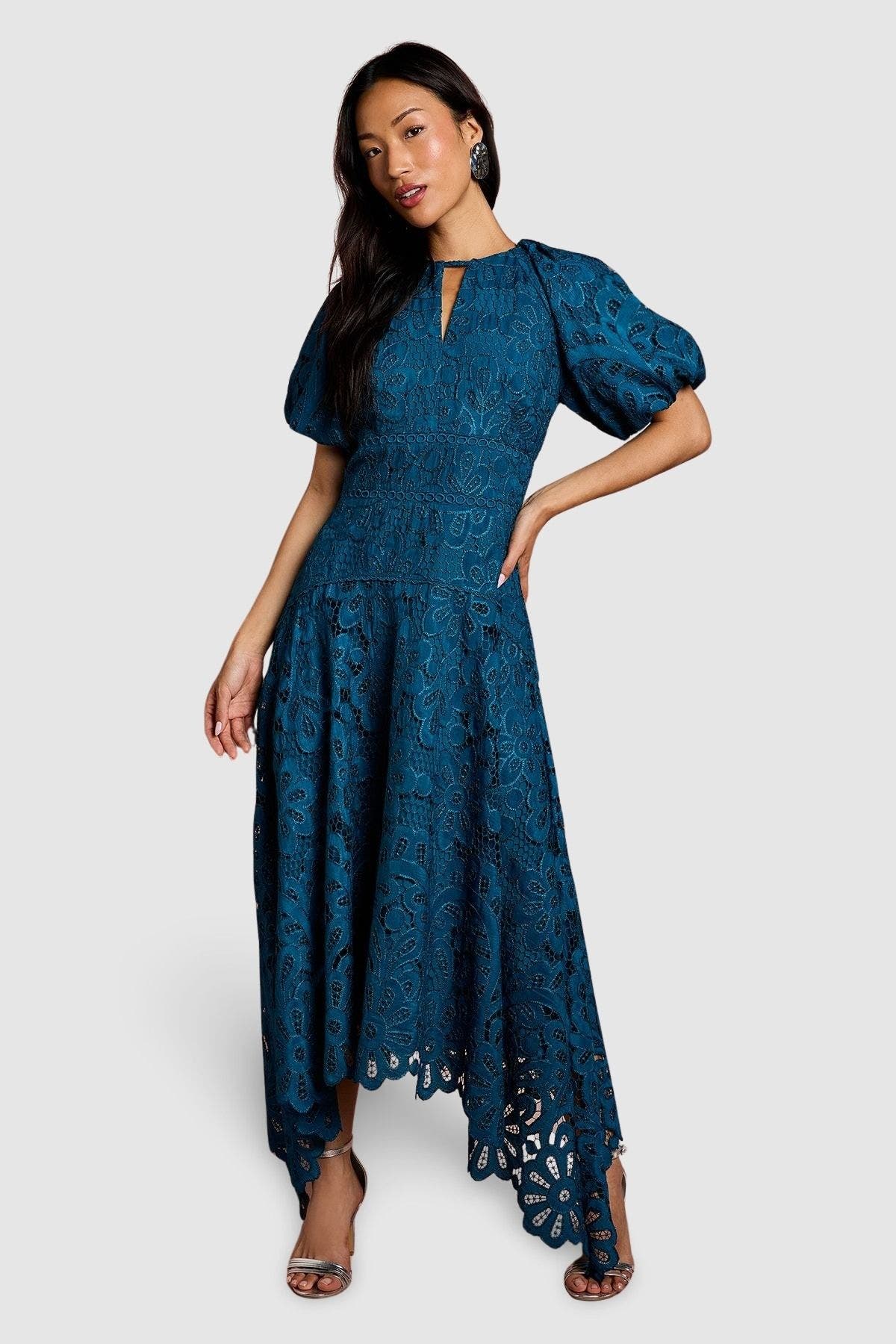 Coast Lace Hanky Hem Puff Sleeve Dress In Blue